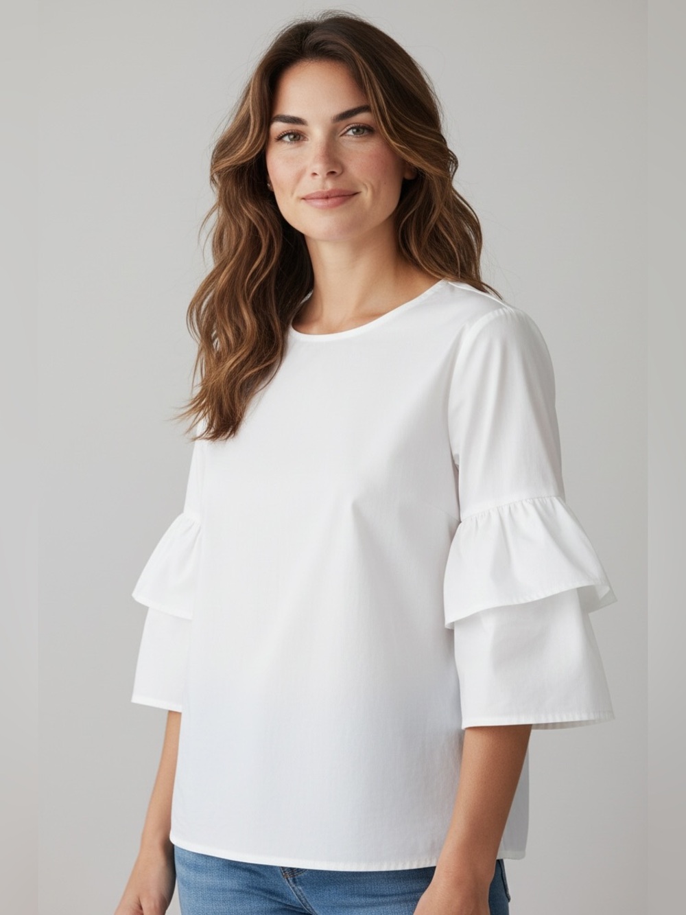J.Crew Mercantile Women’s Size 0 Round Neck 3/4 Tiered Sleeve White Blouse
